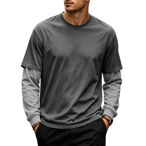 Mens Faux Two Piece Shirts Crew Neck Long Sleeve Pullover Tops Purple L