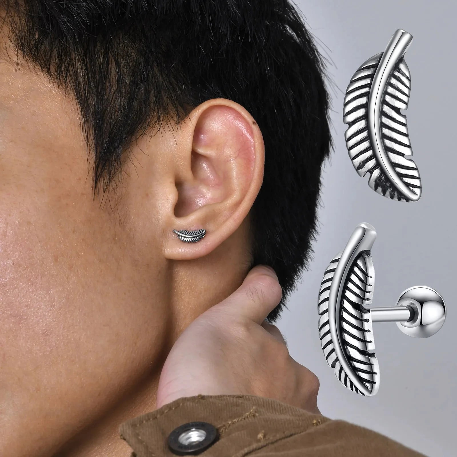 Mens Feather Earrings, Vintage Silver Color Waterproof 14K White