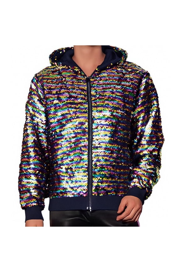 Mens Festival Glitter Sequin Hooded Jacket Party Wear Colorful Coat Streetwear Outerwear Holiday Clothes