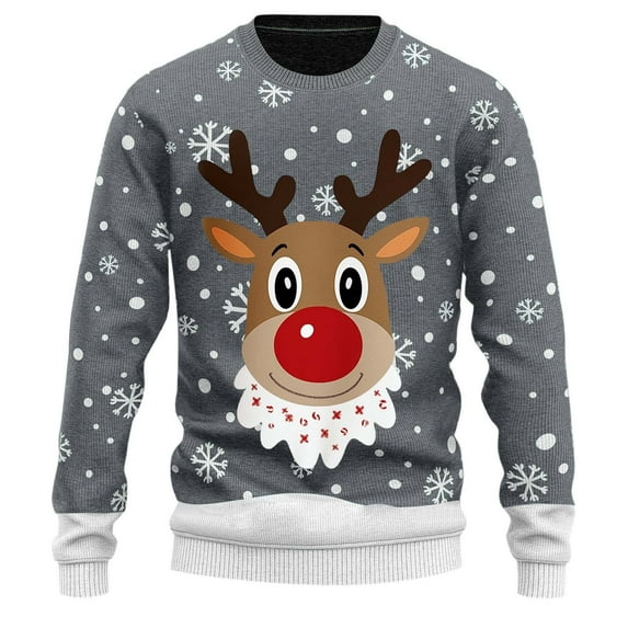 Mens Festive Christmas Sweaters Funny Reindeer Print Graphic Pullover Sweaters Long Sleeve Crewneck Plus Sizes Warm Cozy Xmas Gifts Mens Sweater ZA Grey XL