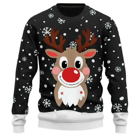 Mens Festive Christmas Sweaters Plus Sizes Funny Reindeer Printed Pullover Sweaters Long Sleeve Crewneck Warm Cozy Xmas Gifts Mens Sweater ZB Black XXXXL