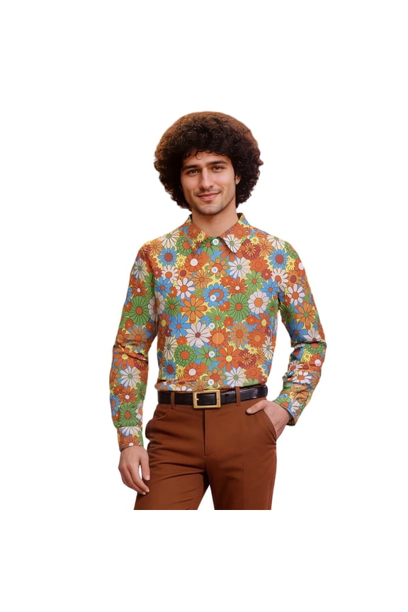 Mens Festive Floral Print Hop Long Sleeve Shirt Casual Streetwear Seasonal Floral Tee With Artwork Clothes