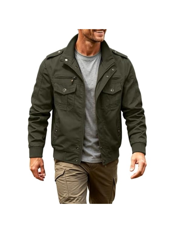 Mens Field Jacket Military Style Utility Jacket Snap Button Coat Chest Zip Pockets Epaulettes Casual Spring Fall Lightweight Outerwear