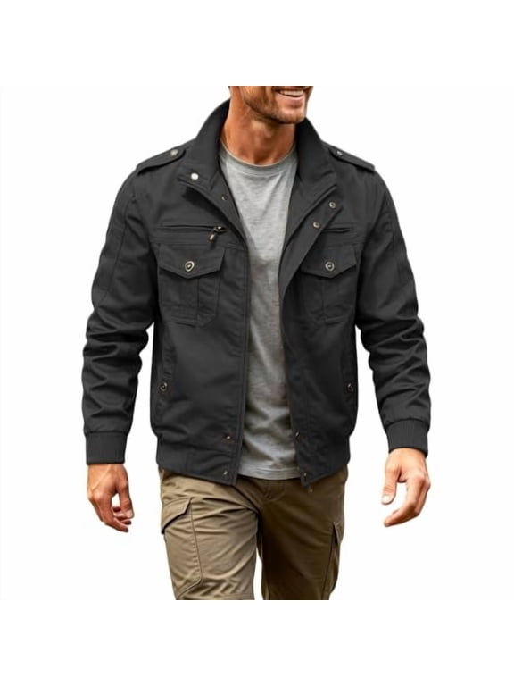 Mens Field Jacket Military Style Utility Jacket Snap Button Coat Chest Zip Pockets Epaulettes Casual Spring Fall Lightweight Outerwear