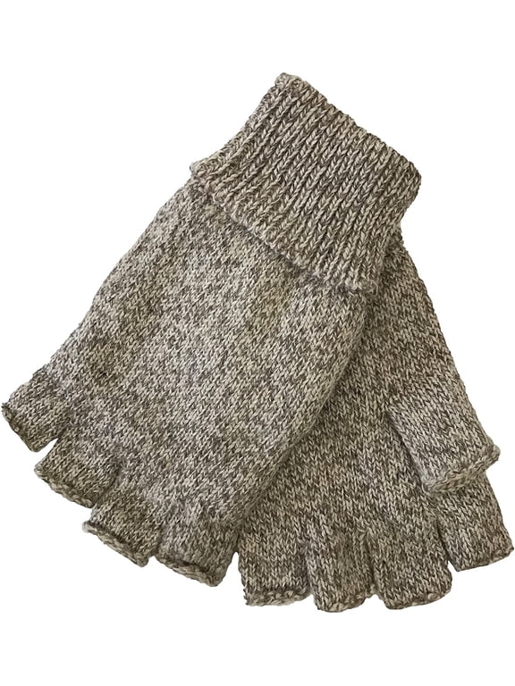 Mens Fingerless Ragg Wool Gloves With Inner Fleece Palm Lining (L/XL, Oatmeal)