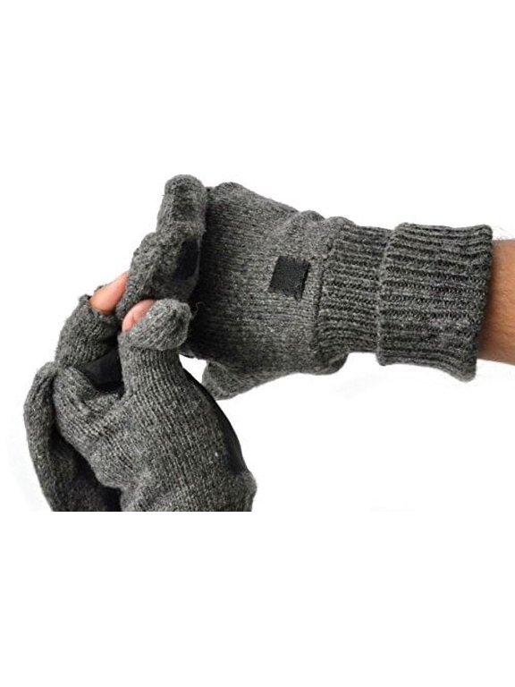 Mens Fingerless Suede Palm Ragg Wool Mitten Gloves w/ Finger & Thumb Pullover (L/XL, Charcoal)