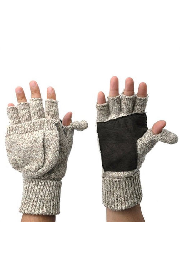 Mens Fingerless Suede Palm Ragg Wool Mitten Gloves w/ Finger & Thumb Pullover (L/XL, Oatmeal)