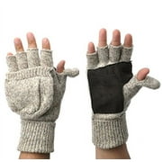 Mens Fingerless Suede Palm Ragg Wool Mitten Gloves w/ Finger & Thumb Pullover (M/L, Oatmeal)