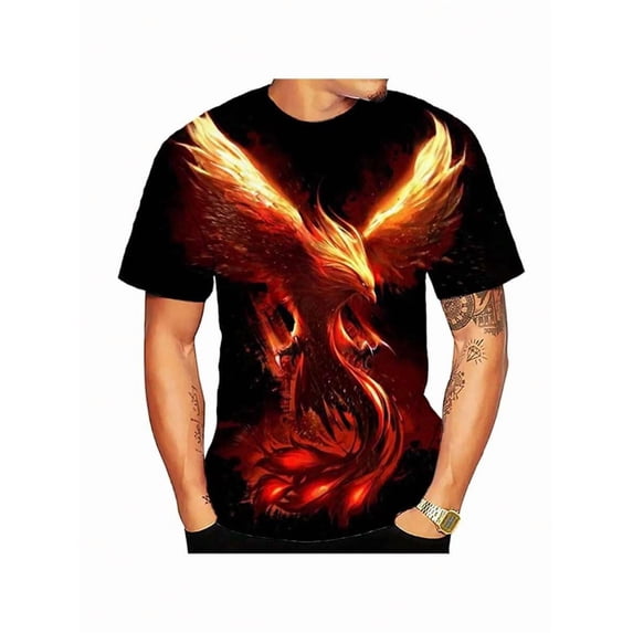 Mens Fire Phoenix 3D Print Crew Neck Short Sleeve Mythical Creature T Shirt, Full Print Crew Neck Short Sleeve Tee, Casual Summer Top, All Over Printed Graphic T-Shirt