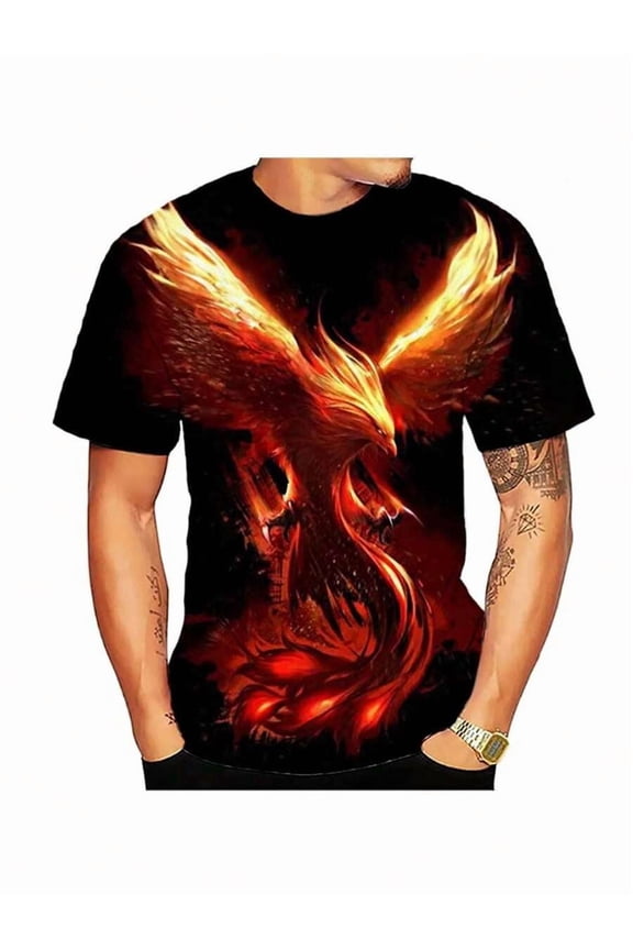Mens Fire Phoenix 3D Print Crew Neck Short Sleeve Mythical Creature T Shirt, Full Print Crew Neck Short Sleeve Tee, Casual Summer Top, All Over Printed Graphic T-Shirt