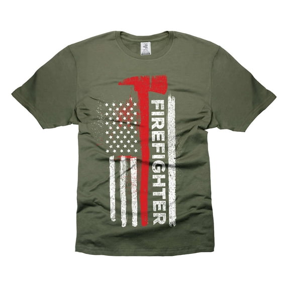 Mens Firefighter Patriotic T-shirt Firefighter 4th Of July Flag Shirt Firefighter AXE Shirts (Large Military Green)