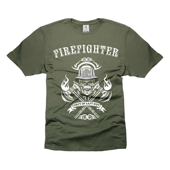 Mens Firefighter T-shirt Firefighter SKull Logo Shirt Firefighting Gifts Firefighter T-Shirts (4X-Large Military Green)