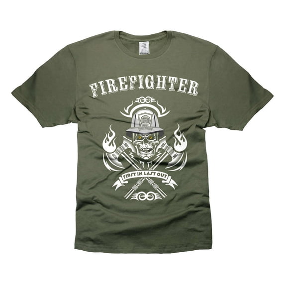Mens Firefighter T-shirt Firefighter SKull Logo Shirt Firefighting Gifts Firefighter T-Shirts (4X-Large Military Green)
