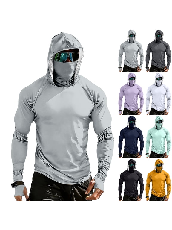 Mens Fishing Sun Shirts with Mask UPF 50+ UV Protection Long Sleeve Hoodie Rash Guard Hiking Shirt (Excluding Glasses) Light Gray L