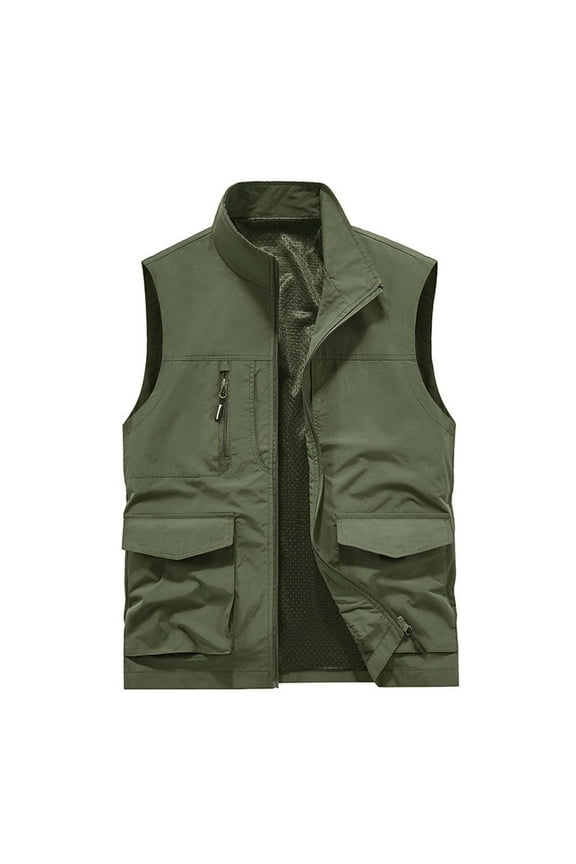 Mens Fishing Vest M-5XL Plus Size Zip-Up Casual Sleeveless Jackets Solid Stand Collar Multi Pockets Hiking Work Hunting Outerwear Vests