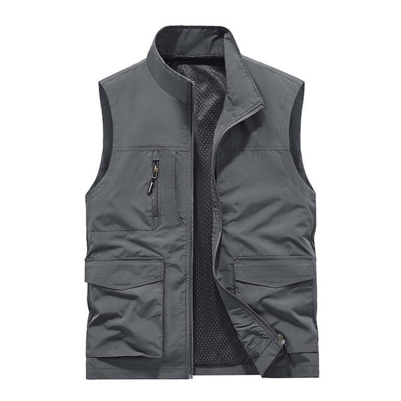Mens Fishing Vest M-5XL Plus Size Zip-Up Casual Sleeveless Jackets Solid Stand Collar Multi Pockets Hiking Work Hunting Outerwear Vests