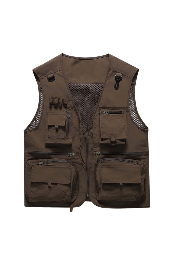 Mens Fishing Vest Multi-Pocket Utility Outdoor Mesh Liner Vest for Hiking Photography Travel, Sleeveless V Neck Zip Up Cargo Workwear Hunting Jacket with D-Rings & Zipper Pocket