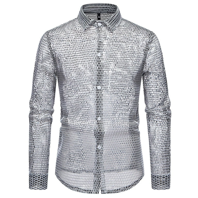 Mens Fishnet See Through Shirts Solid Hollow Out Sheer Shirts 70s Disco  Party Night Club Wear - Walmart.com