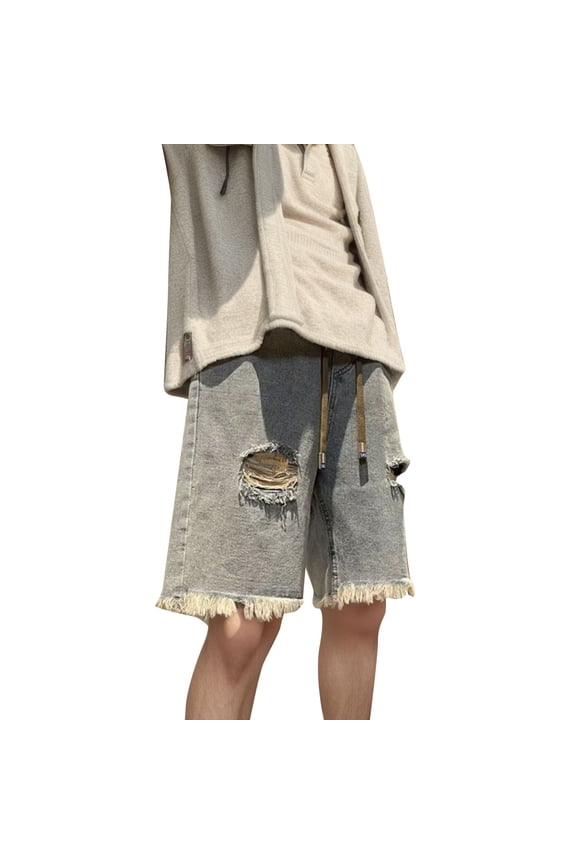 Mens Five Point Denim Shorts Zippered Casual Trendy Pants Breeches