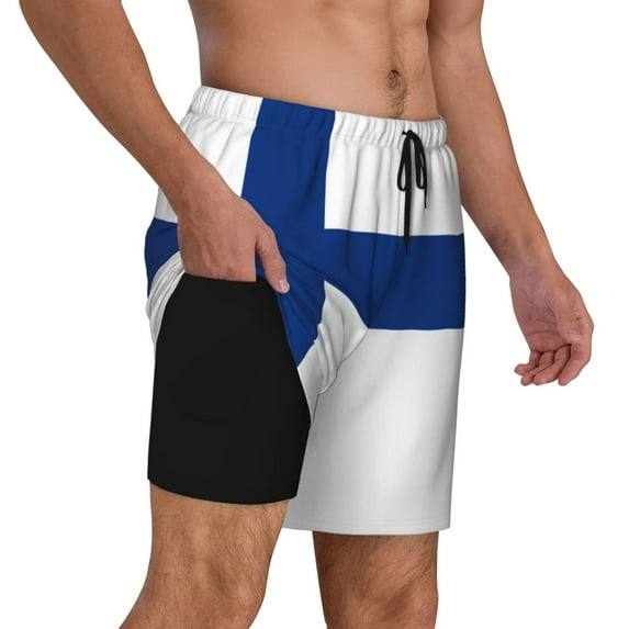 Mens Flag Of Finland Swimming Trunks with Compression Liner Beach Quick Dry Swim Shorts