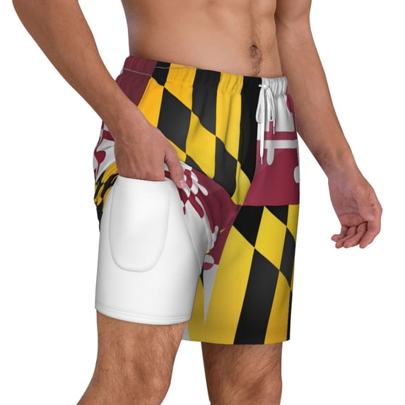 Mens Flag Of Maryland 2 in 1 Quick Dry Swim Trunks with Compression Liner Beach Shorts