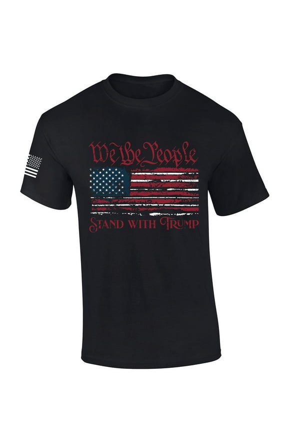 Mens Flag Tshirt Distressed American Flag Stand With Trump Short Sleeve T-shirt-Black-large