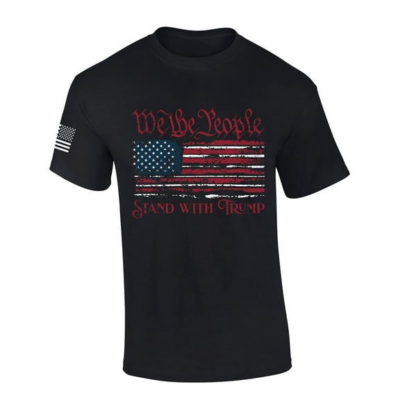 Mens Flag Tshirt Distressed American Flag Stand With Trump Short Sleeve T-shirt-Black-large