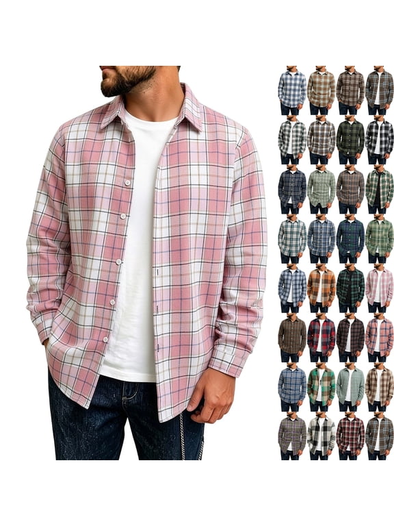 Long Sleeve Shirts Men Dqueduo Men's Flannel Plaid Long Sleeve Button Down Turn-Down Collar Brushed Lightweight Checkered Shirt Jacket Pink XL