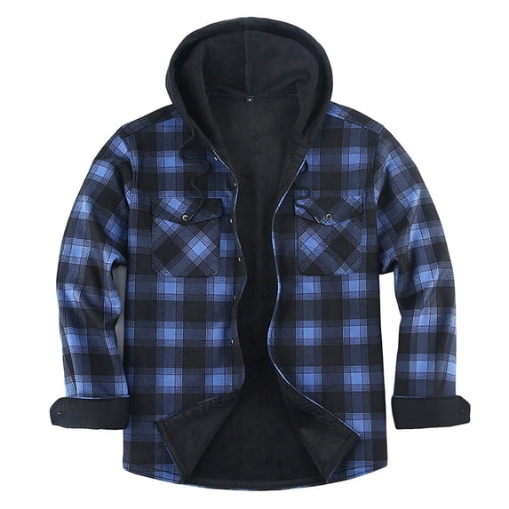 Mens Flannel Fleece Jacket Plaid Sherpa Lined Hooded Zip Up Thermal Shirt Jacket Winter Coat with Pocket
