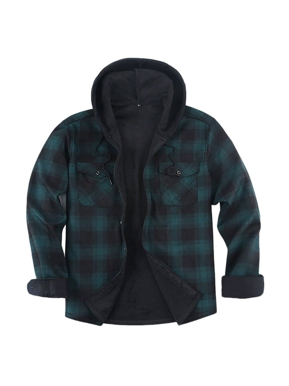 Mens Flannel Fleece Jacket Plaid Sherpa Lined Hooded Zip Up Thermal Shirt Jacket Winter Coat with Pocket