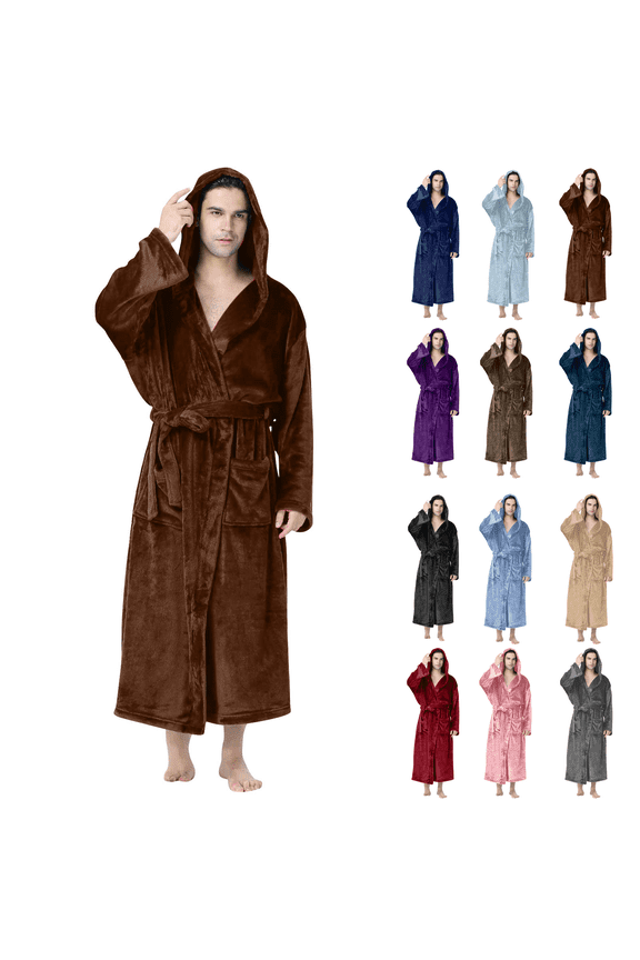 Mens Flannel Hooded Robe Plus Size Fleece Plush Nightgown Long Sleeve Spa Robe Winter Housecoat with Pocket and Belt Soft Cozy Bathrobe