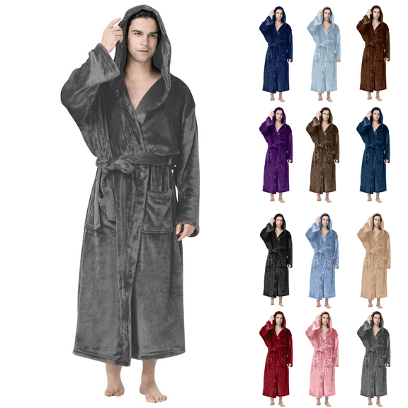 Mens Flannel Hooded Robe Plus Size Fleece Plush Nightgown Long Sleeve Spa Robe Winter Housecoat with Pocket and Belt Soft Cozy Bathrobe