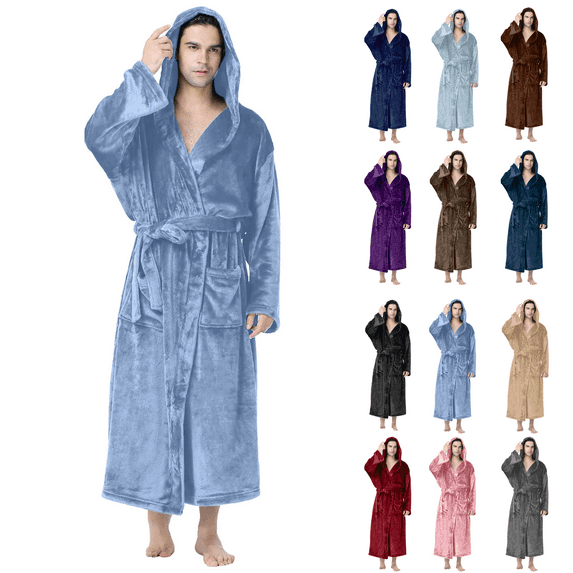 Mens Flannel Hooded Robe Plus Size Fleece Plush Nightgown Long Sleeve Spa Robe Winter Housecoat with Pocket and Belt Soft Cozy Bathrobe