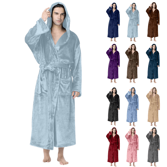 Mens Flannel Hooded Robe Plus Size Fleece Plush Nightgown Long Sleeve Spa Robe Winter Housecoat with Pocket and Belt Soft Cozy Bathrobe