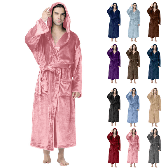 Mens Flannel Hooded Robe Plus Size Fleece Plush Nightgown Long Sleeve Spa Robe Winter Housecoat with Pocket and Belt Soft Cozy Bathrobe