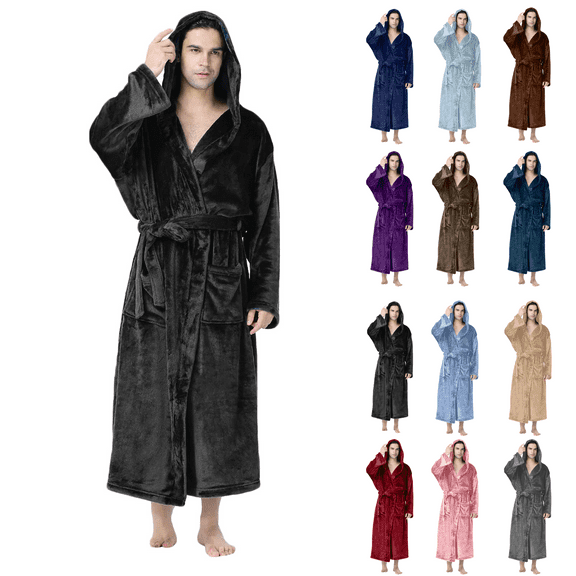 Mens Flannel Hooded Robe Plus Size Fleece Plush Nightgown Long Sleeve Spa Robe Winter Housecoat with Pocket and Belt Soft Cozy Bathrobe