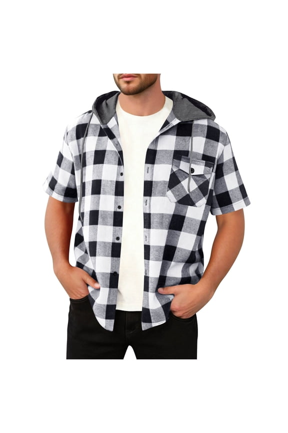Mens Flannel Hoodie Plaid Shirt Short Sleeve Button Down Casual Shirt Jacket Lightweight Summer Shacket Jacket
