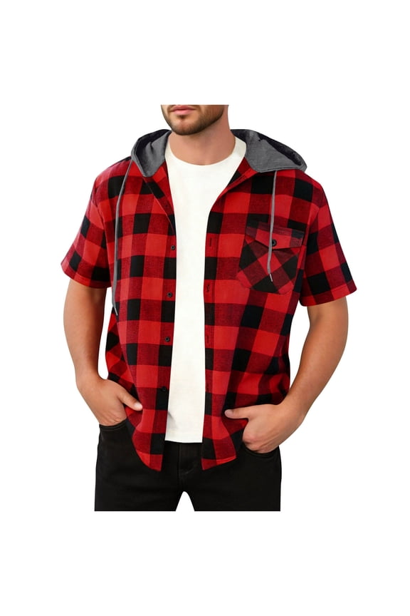 Mens Flannel Hoodie Plaid Shirt Short Sleeve Button Down Casual Shirt Jacket Lightweight Summer Shacket Jacket