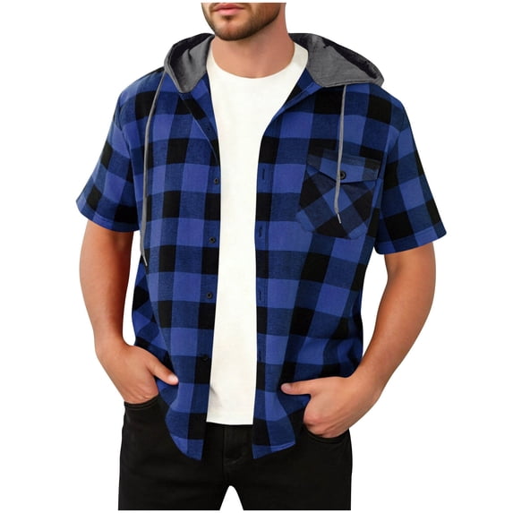 Mens Flannel Hoodie Plaid Shirt Short Sleeve Button Down Casual Shirt Jacket Lightweight Summer Shacket Jacket