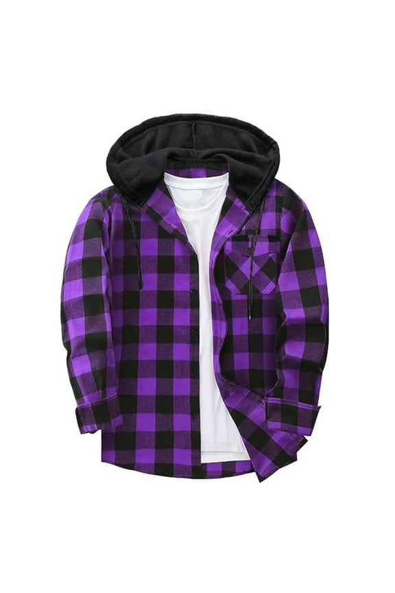 Mens Flannel Hoodie Shirt 2025 Button Down Plaid Shacket Long Sleeve Hooded Casual Outerwear Lightweight Oversized Fall Winter Top with Pocket Trendy Layering Piece