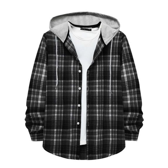 Mens Flannel Hoodie Shirt Casual Button Down Plaid Jacket Shirts Stylish Long Sleeve Lightweight Winter Shirts with Pocket