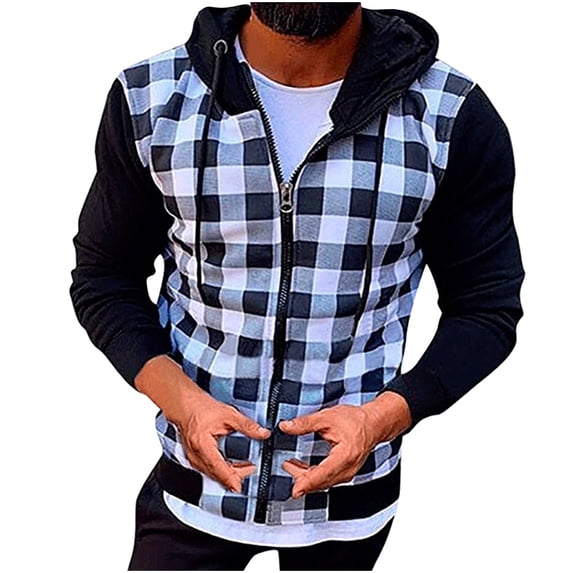 Mens Flannel Hoodie Shirt Long Sleeve Plaid Full Zip Hoodie Sweatshirt Lightweight Fleece Coat Loose Casual Outwear