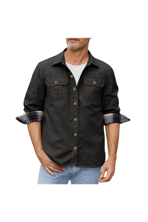 Mens Flannel Lined Shirt Jacket Long Sleeve Snap Button Western Jacket Cargo Outdoor Cowboy Shirts Jackets with Pockets