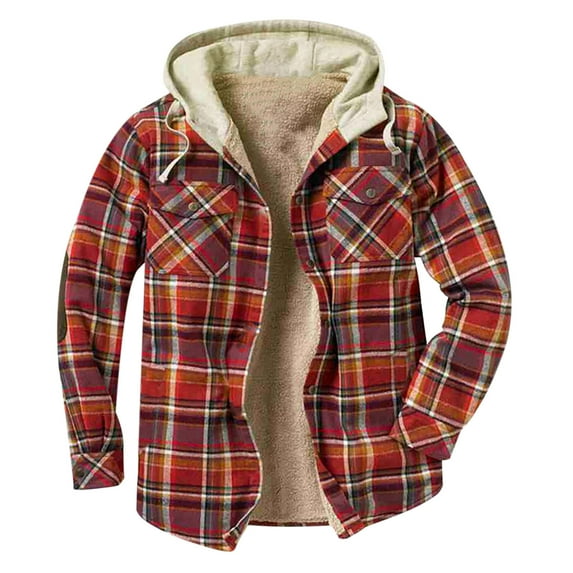 Mens Flannel Plaid Jacket Sherpa Fleece Lined Winter Warm Hoodies for Men Casual Loose Button Down Buffalo Plaid Hooded Coat Fashion 2022