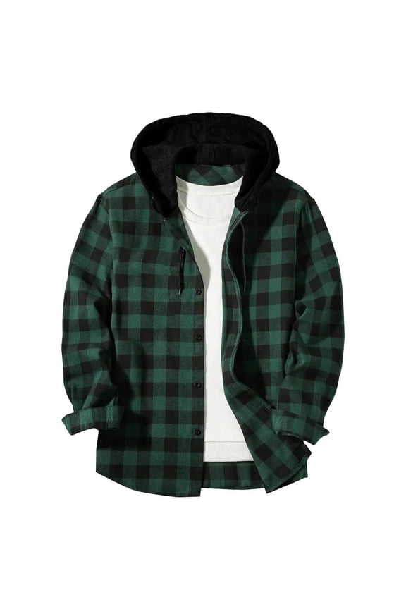 Mens Flannel Plaid Shacket Jacket Button Down Casual Patchwork Fashion Plaid Hooded Button Long Sleeve Shirt Blouse Winter Clothing Woolen Coats Army Green,2XL
