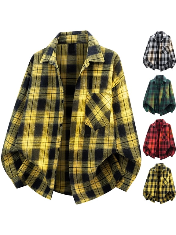 Mens Flannel Plaid Shacket Long Sleeve Button Down Shirt Jacket Overshirt with Chest Pocket for Cozy Fall Winter Layering Daily Wear, Yellow, XL