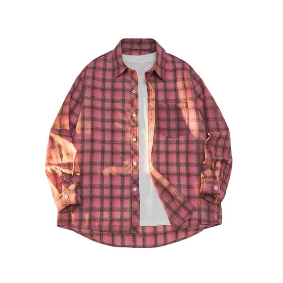 Mens Flannel Plaid Shirt Casual Lightweight Jacket Lapel Button Down Shackets Outerwear Fall Spring Blouses (L, Pink)