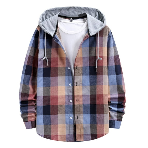 Mens Flannel Plaid Shirt Jacket Spring Fall Hoodies for Men Casual Loose Button Down Buffalo Plaid Hooded Coat