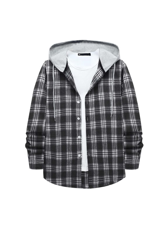 Mens Flannel Plaid Shirt Jacket Spring Fall Hoodies for Men Casual Loose Button Down Buffalo Plaid Hooded Coat