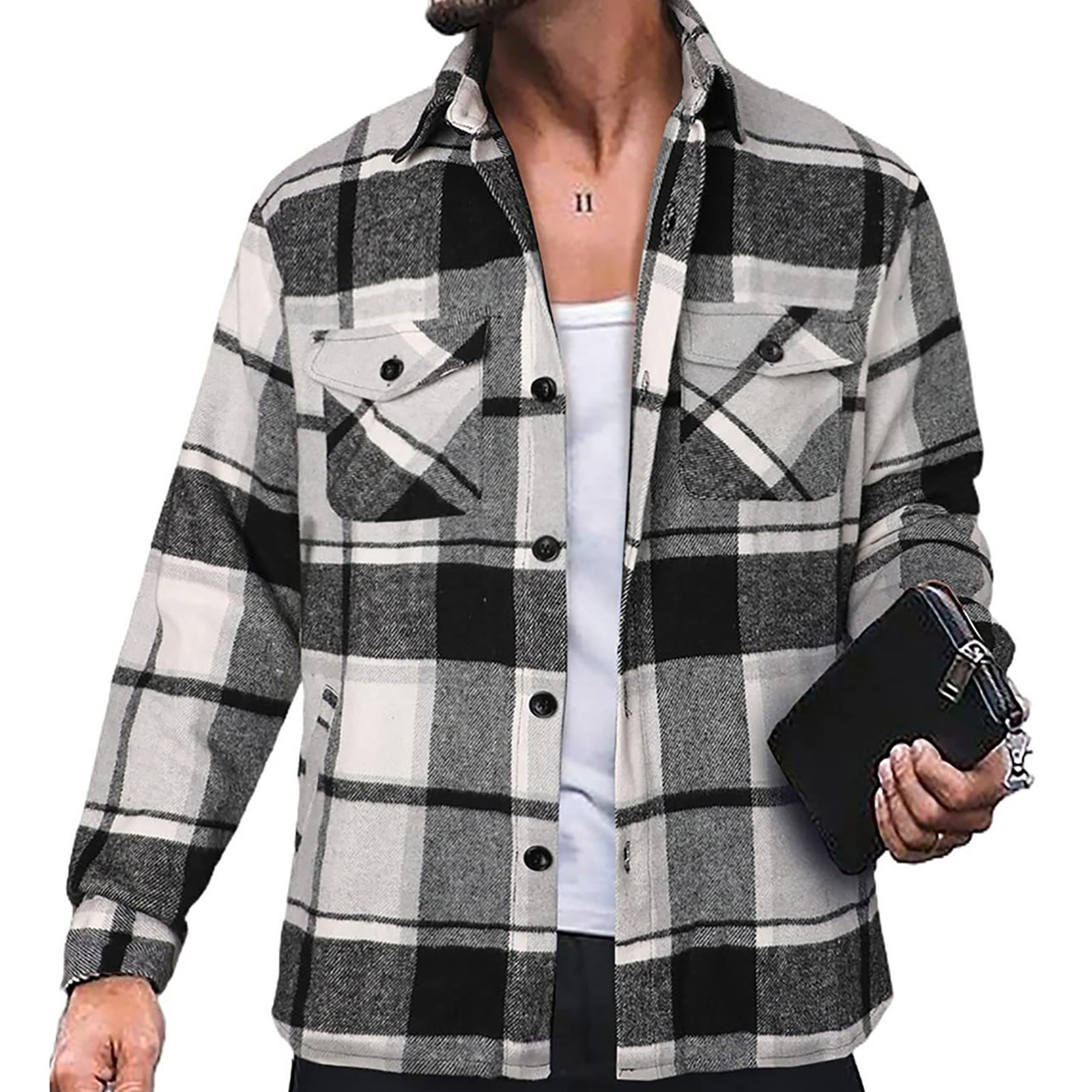 Men's Flannel Plaid Shirt Long Sleeve Button Down Fall Shacket